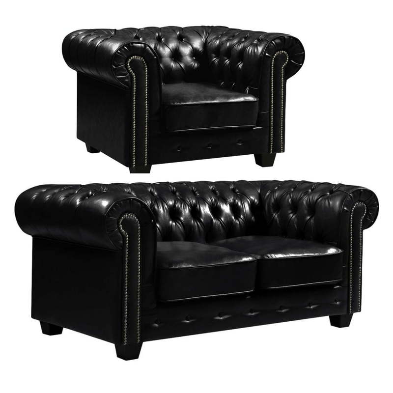 Chesterfield Black Leather Antique 2+1 Seater Sofa Set - Furniture Instore
