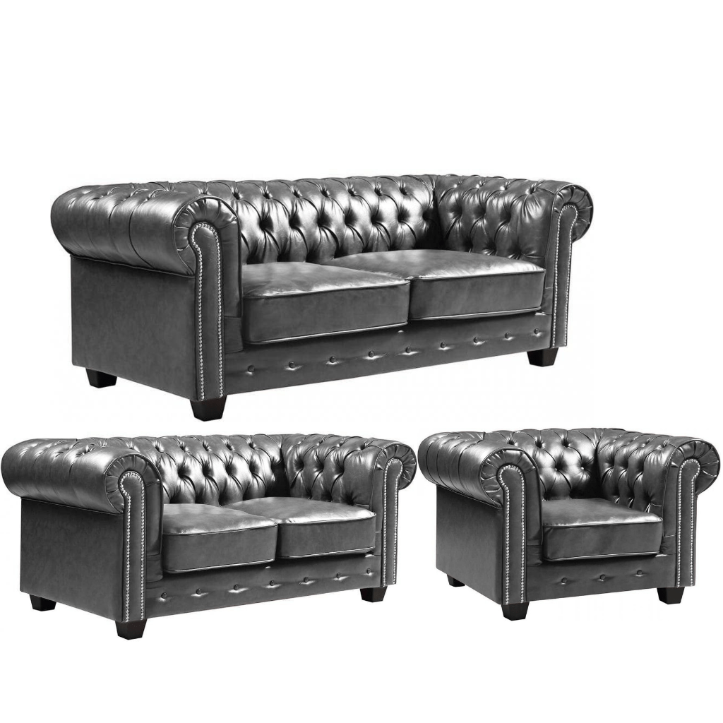 Chesterfield Grey Leather Antique 3+2+1 Seater Sofa Set - Furniture Instore