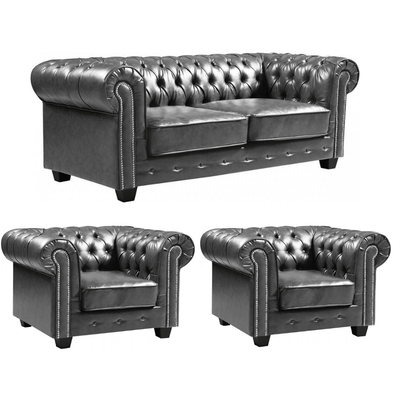 Chesterfield Grey Leather Antique 3+1+1 Seater Sofa Set