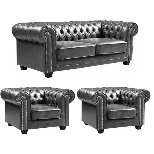 Chesterfield Grey Leather Antique 3+1+1 Seater Sofa Set