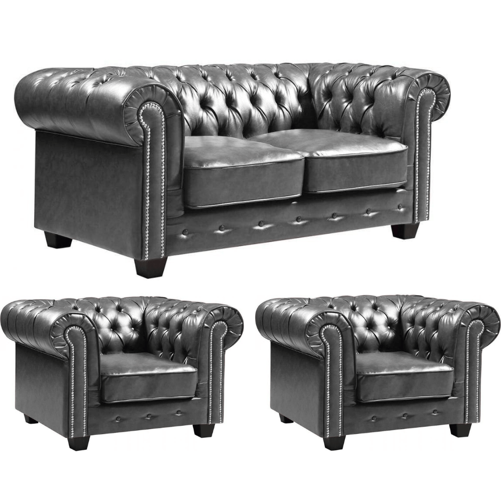 Chesterfield Grey Leather Antique 2+1+1 Seater Sofa Set - Furniture Instore