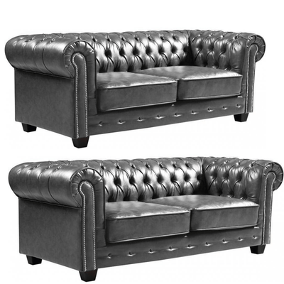 Chesterfield Grey Leather Antique 3+3 Seater Sofa Set