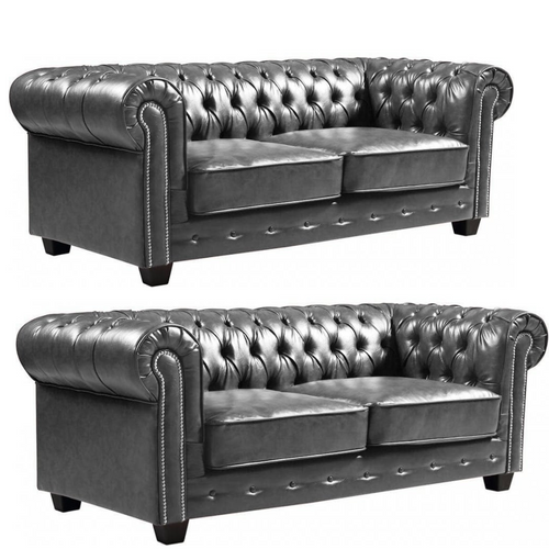 Chesterfield Grey Leather Antique 3+3 Seater Sofa Set