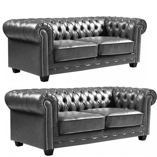 Chesterfield Grey Leather Antique 3+3 Seater Sofa Set