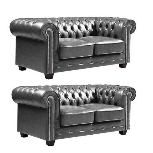 Chesterfield Grey Leather Antique 2+2 Seater Sofa Set