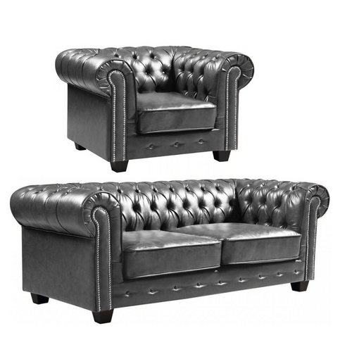 Chesterfield Grey Leather Antique 3+1 Seater Sofa Set