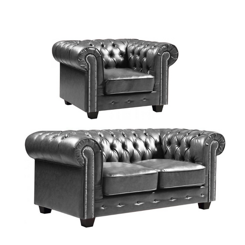 Chesterfield Grey Leather Antique 2+1 Seater Sofa Set
