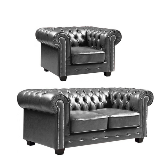 Chesterfield Grey Leather Antique 2+1 Seater Sofa Set