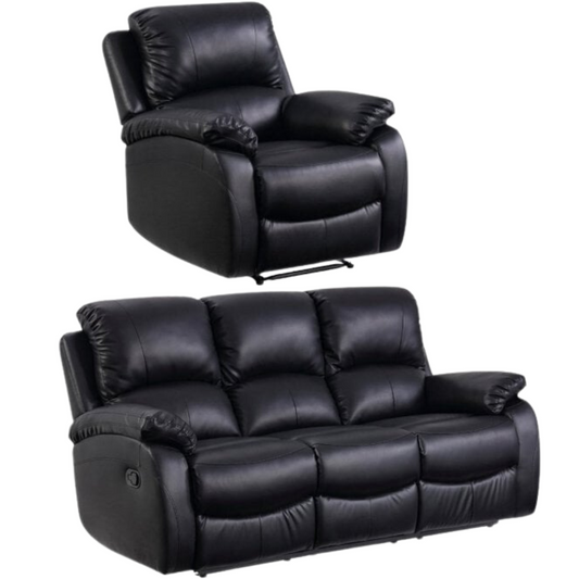 Roma Black Leather Manual Recliner 3+1 Seater  Sofa Set