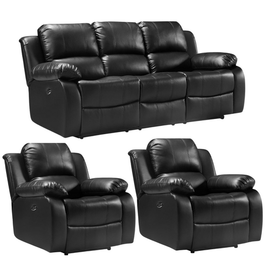 Black leather reclining sofa set with two matching armchairs on a white background