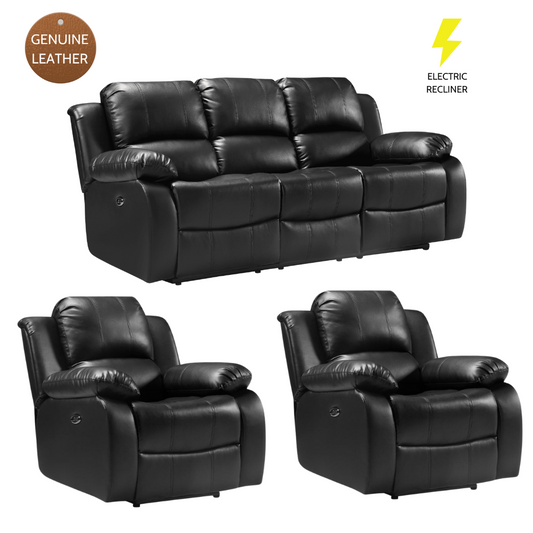Buy Black leather recliner sofa set with electric recliner feature on a white background