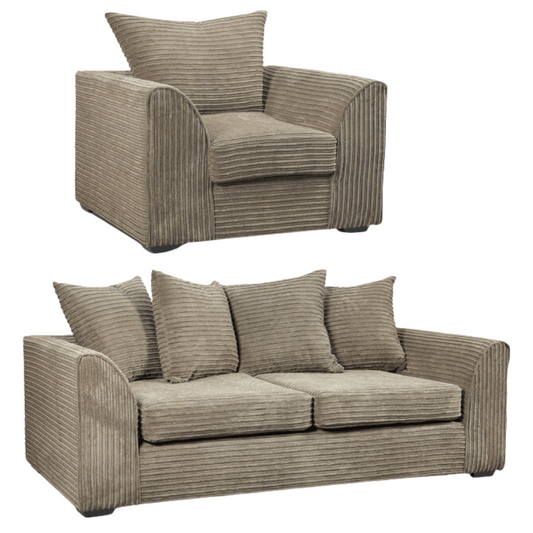 Brown fabric striped armchair and sofa set on a white background