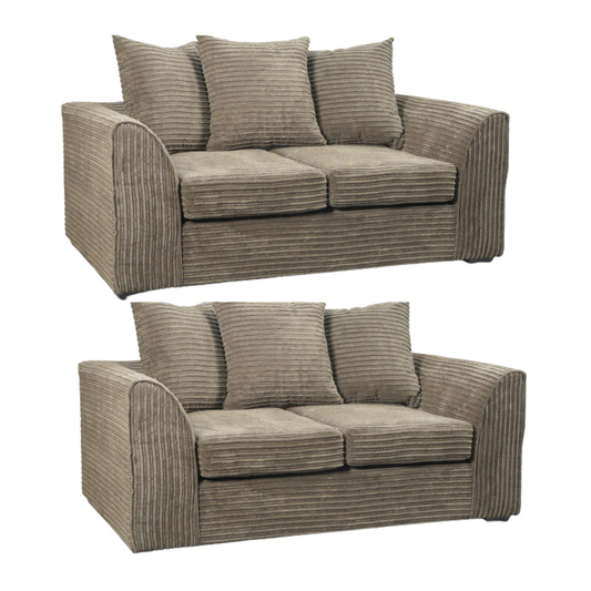 Two identical brown fabric striped sofas on a white background