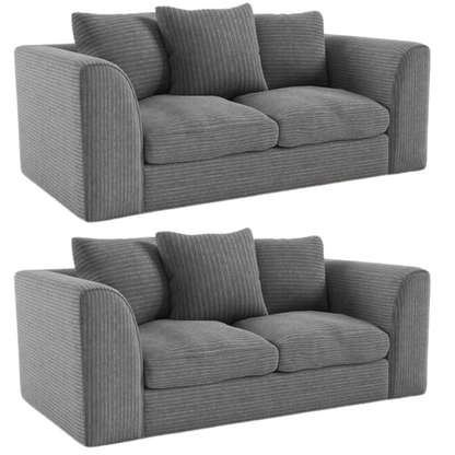 Two identical light gray sofas with cushions on a white background