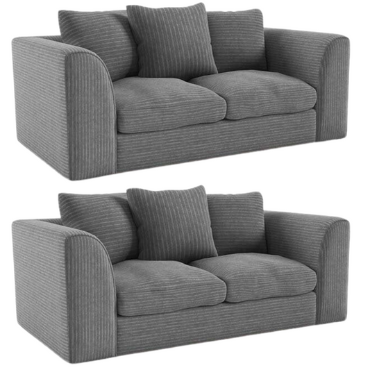 Two identical light gray sofas with cushions on a white background
