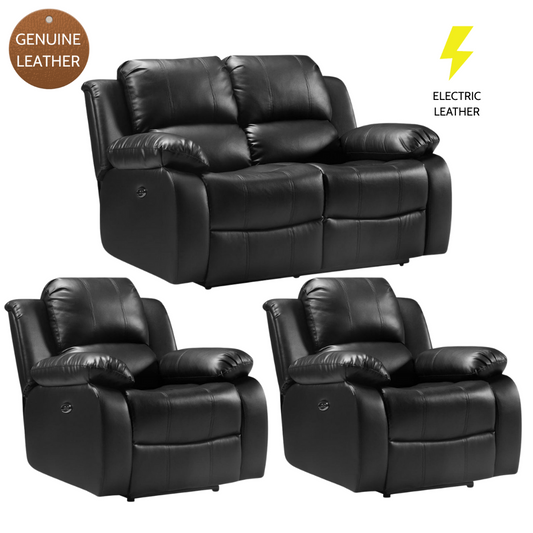 Set of black leather recliners with 'Genuine Leather' and 'Electric Leather' labels on a white background.
