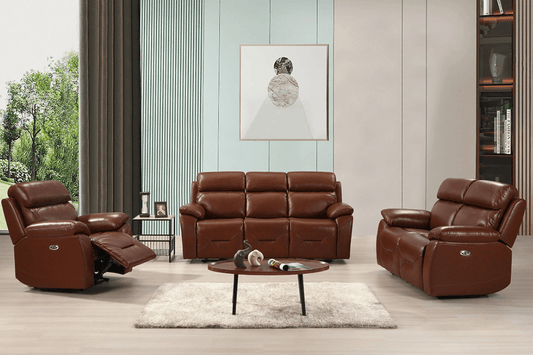 Renato Genuine Leather Tan Electric Power Recliner 3+2+1 Seater Sofa Set - Furniture Instore