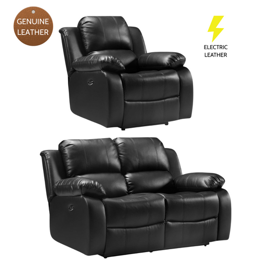 Black leather recliner chair and loveseat with 'Genuine Leather' and 'Electric Leather' labels on a white background.