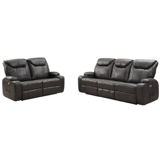 Cinema Grey Electric Leather 3+2 Recliner Sofa Set With Two Cup Holders Bundle