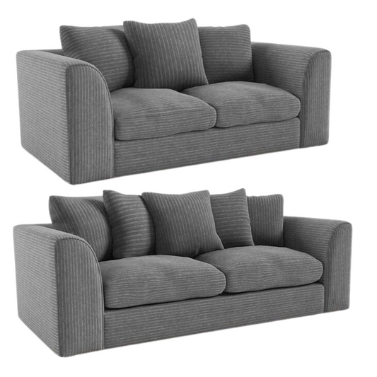 Two light gray sofas with striped pattern on a white background