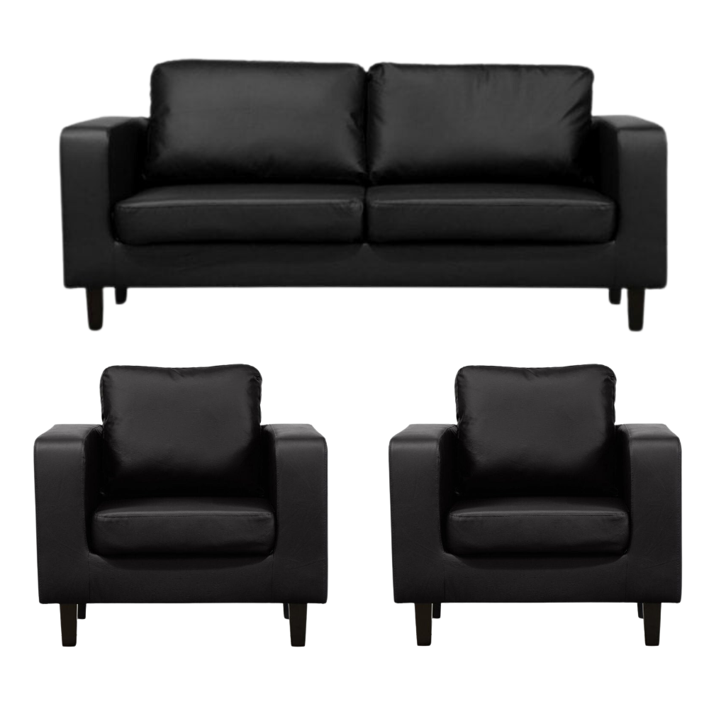 Black leather sofa set with two armchairs on a white background