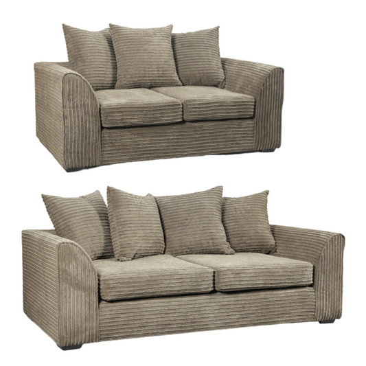 3 seater and two seater fabric brown sofas with striped pattern on a white background