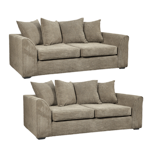 Two identical beige sofas with striped pattern on a white background