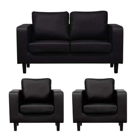 Set of black leather sofa and two armchairs on a white background