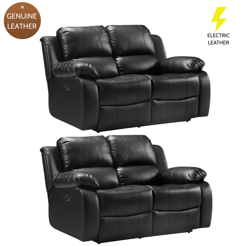 Two 2 seater black leather recliners with 'Genuine Leather' and 'Electric Leather' labels on a white background.
