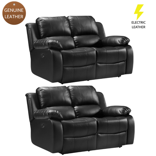 Valencia Genuine Black Leather 2+2 Seater Electric Power Recliner Sofa Set