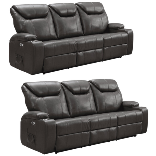Cinema Grey Electric Leather 3+3 Recliner Sofa With Two Cup Holders