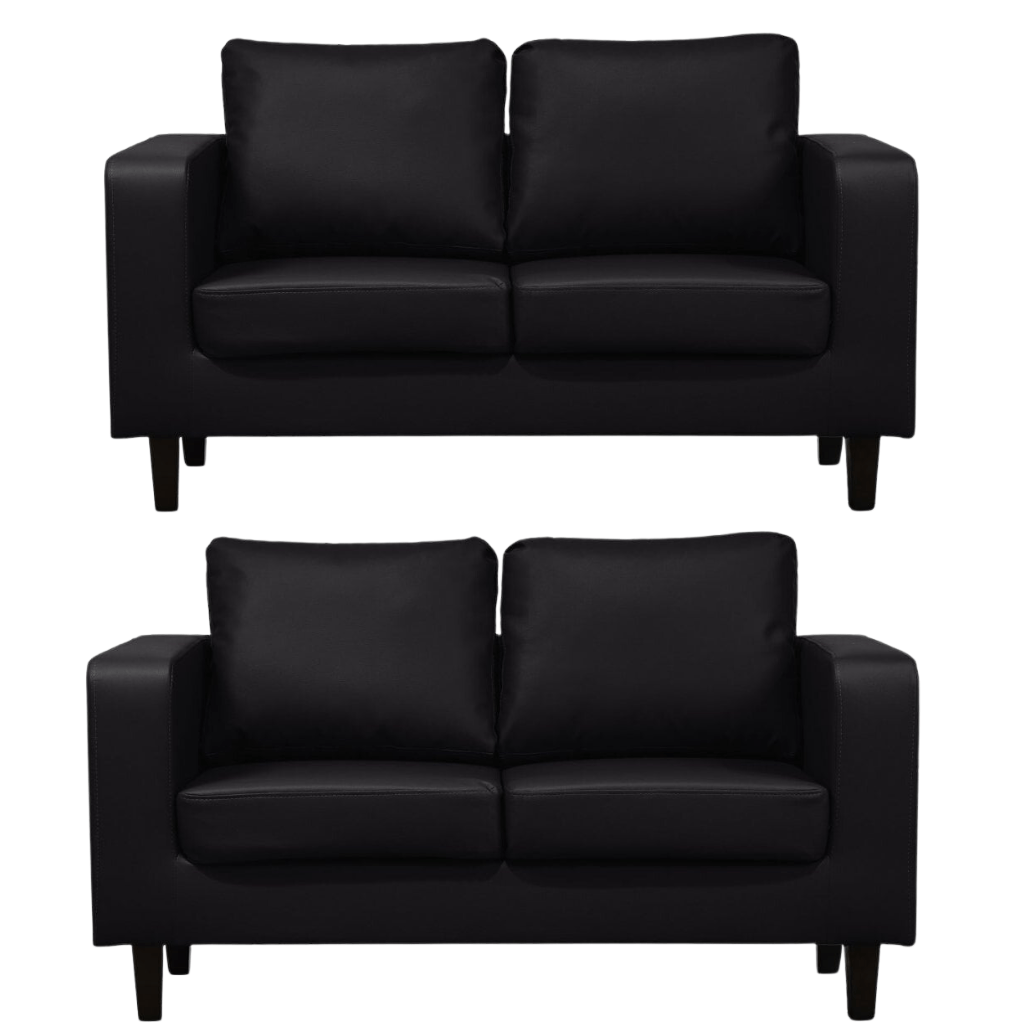 Two black leather sofas on a white background