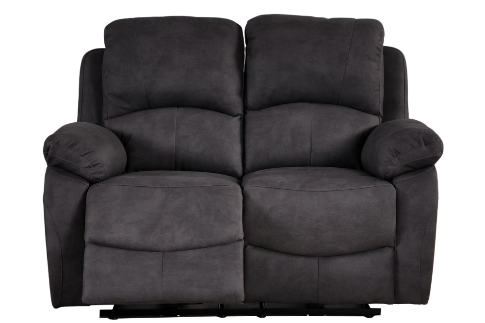 Grey two seater reclining sofa on a white background