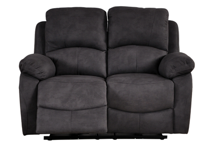 Grey two seater reclining sofa on a white background
