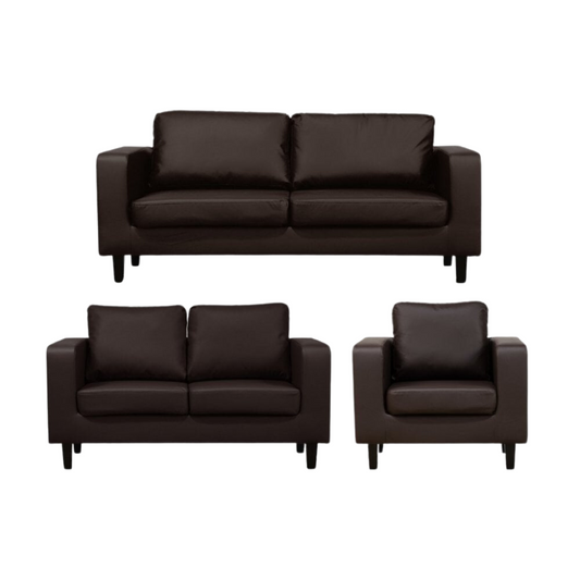 Set of brown leather sofas and armchair on a white background