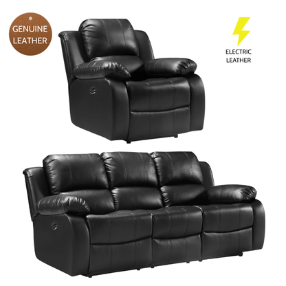 Valencia Genuine Black Leather 3+1 Seater Electric Power Recliner Sofa Set - Furniture Instore