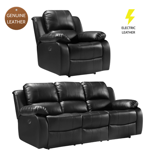 Black leather recliner chair and sofa set with 'Genuine Leather' and 'Electric Leather' labels on a white background. 3+1 sofa 3 1 sofa