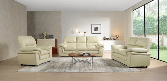 Beige leather sofa set in a modern living room with large windows.