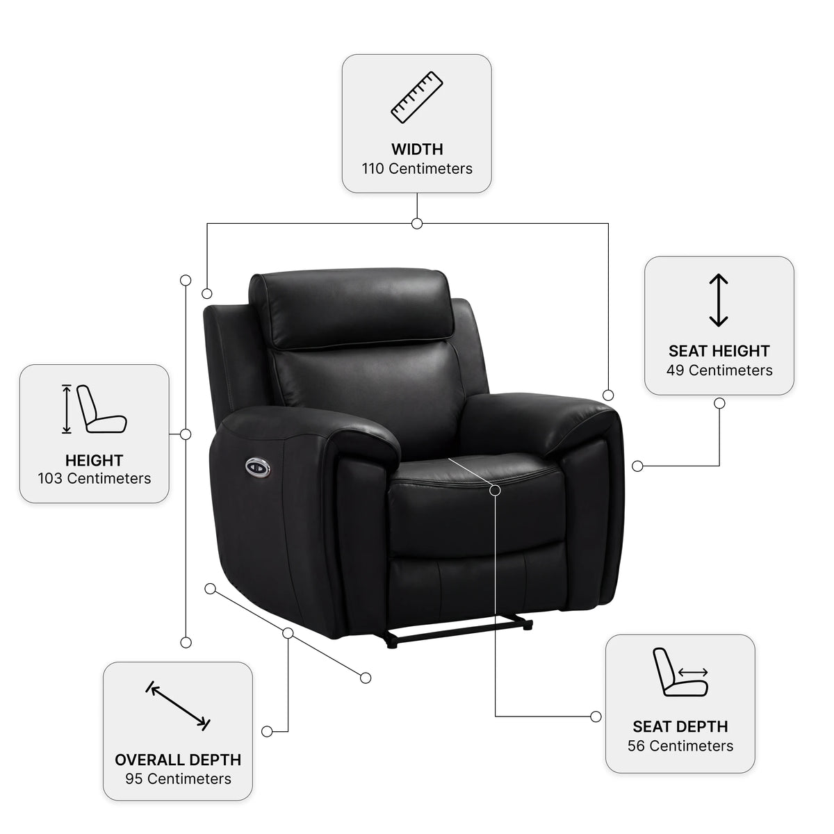Annecy Genuine Leather Black Electric Power Recliner Armchair — Dimension diagram