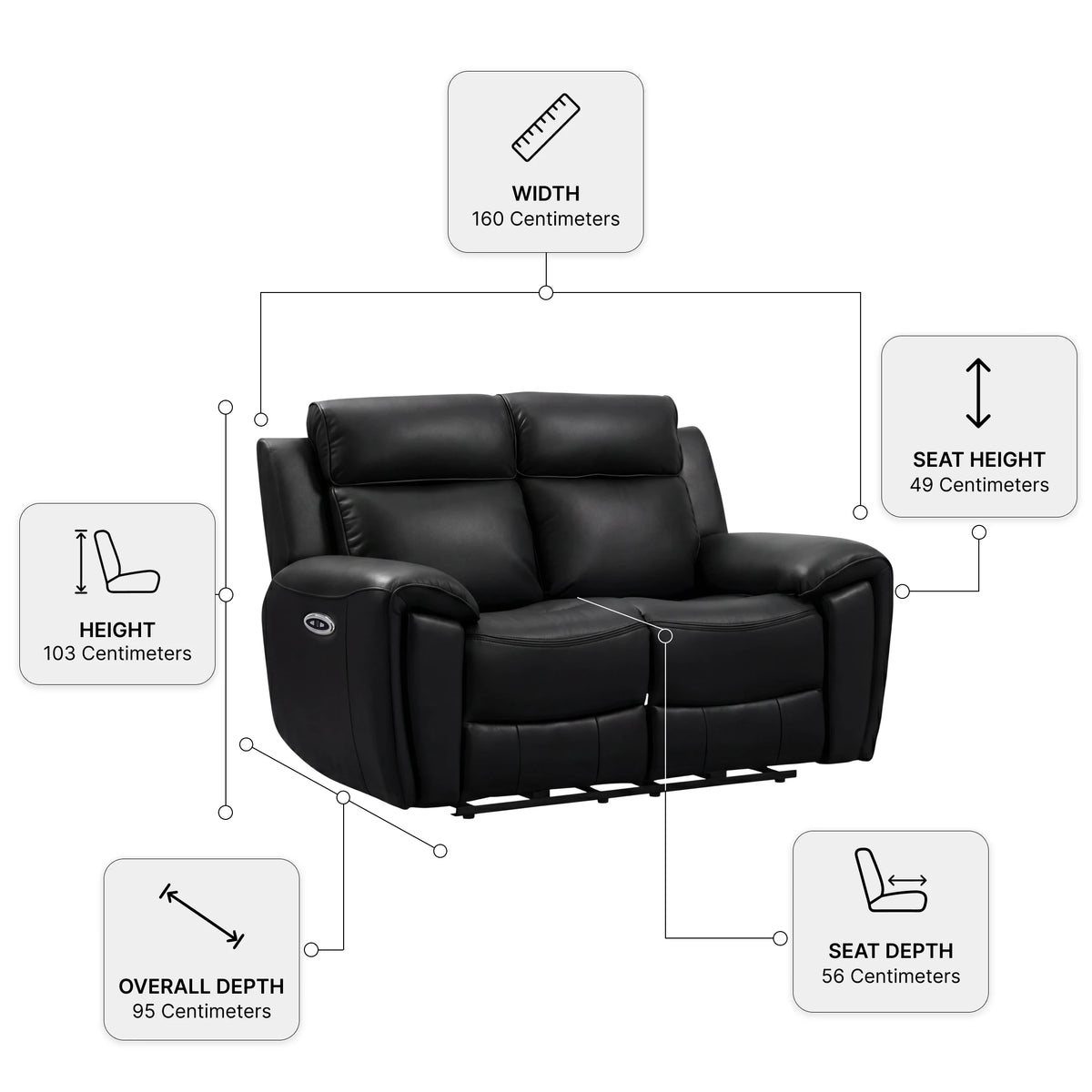 Annecy Genuine Leather Black Electric Recliner 2 Seater Sofa — Dimension diagram