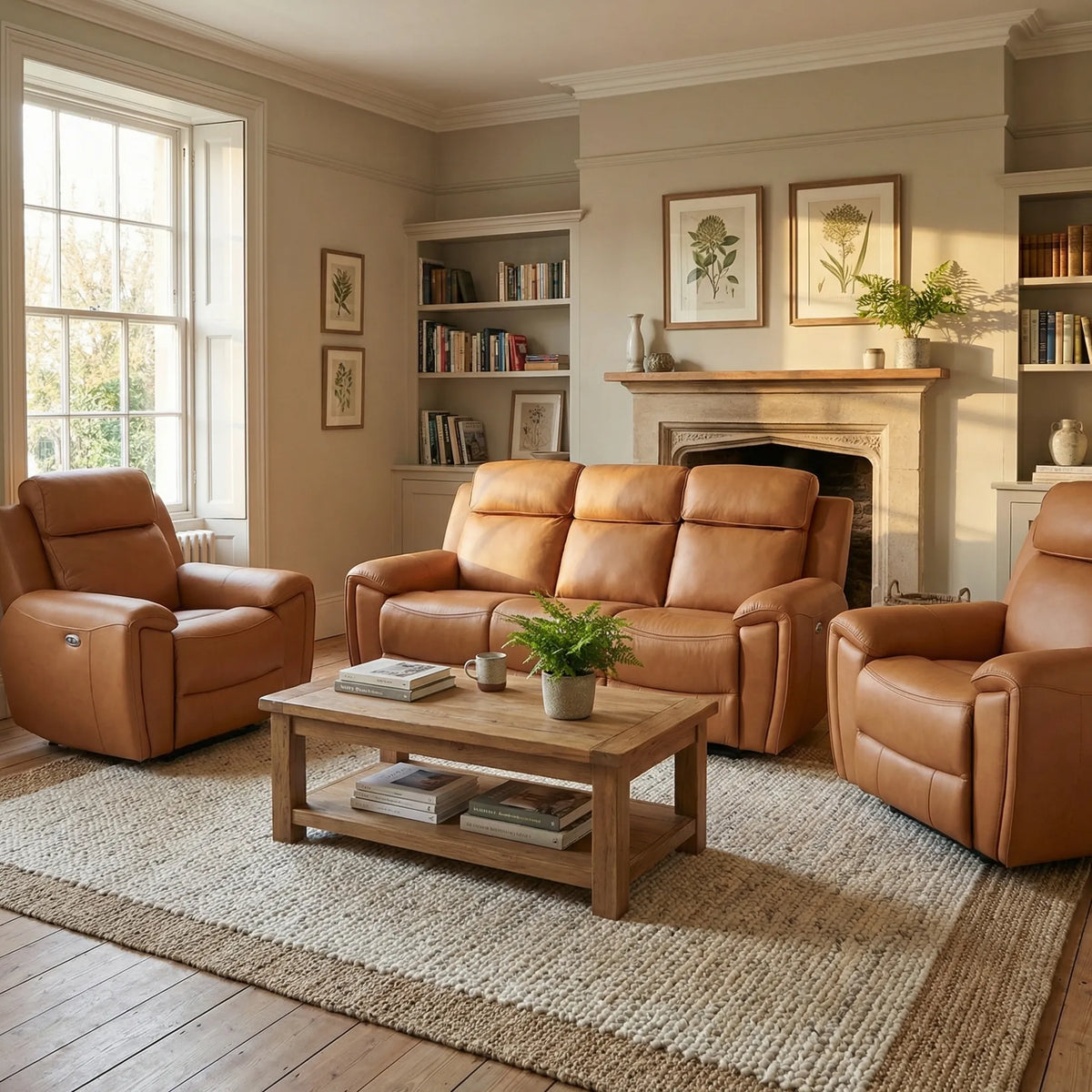 Annecy Genuine Leather Caramel Electric Power Recliner 3+1+1 Seater Sofa