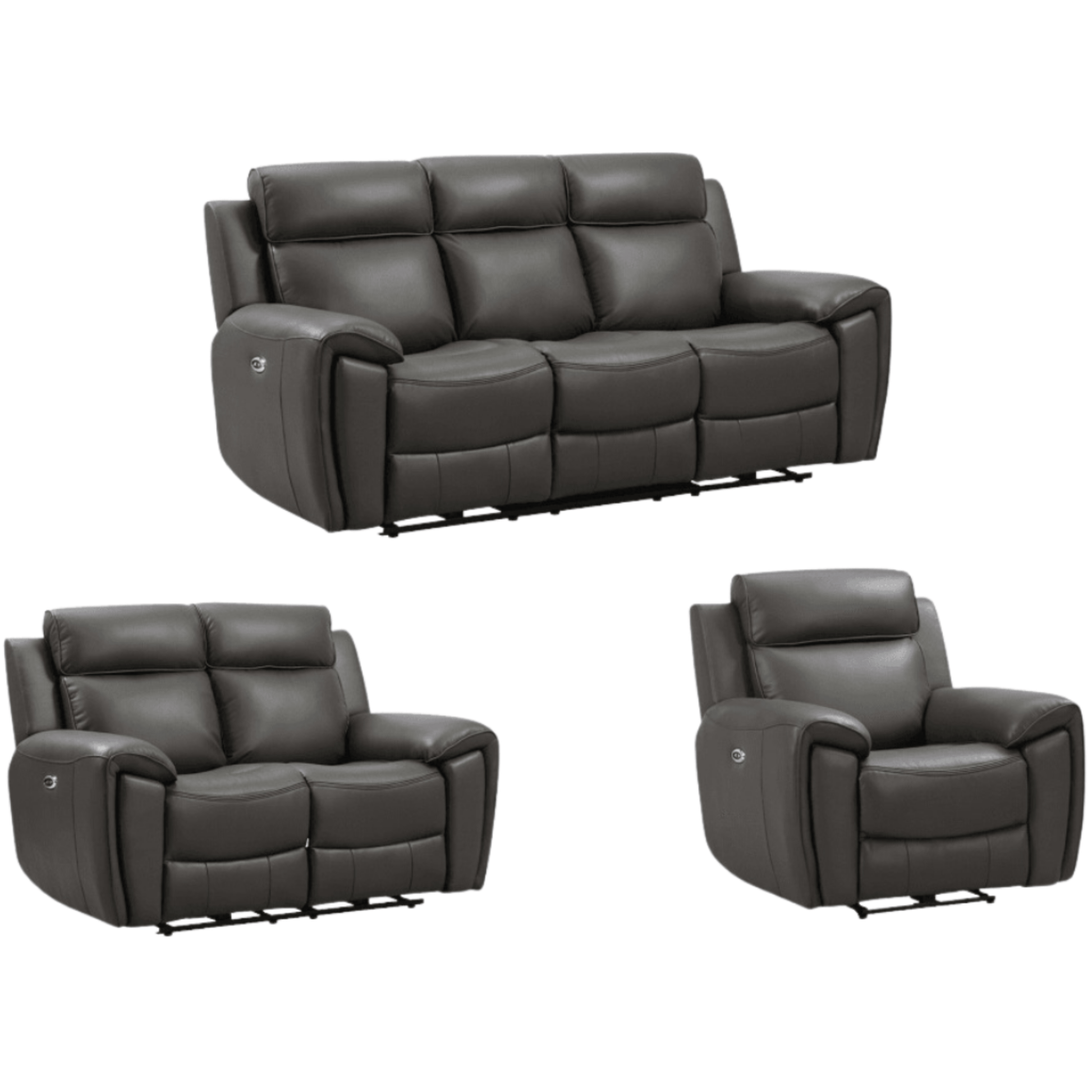 Set of gray reclining sofa and chairs on a white background