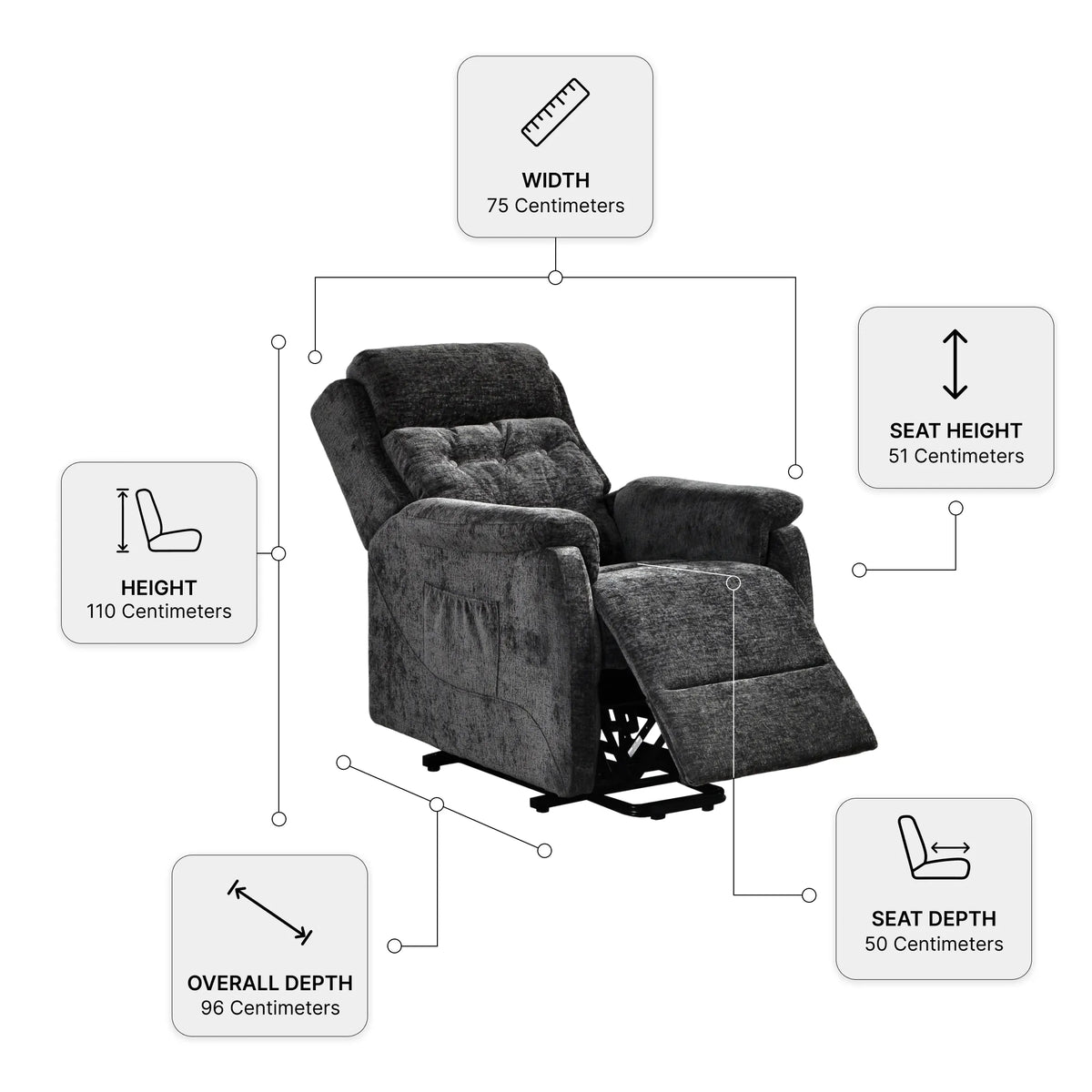 Bilbury Black Fabric Rise & Recline Mobility Chair — dimensions