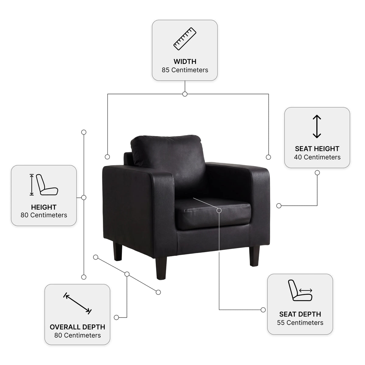 Box Black Leather Armchair — Dimension diagram