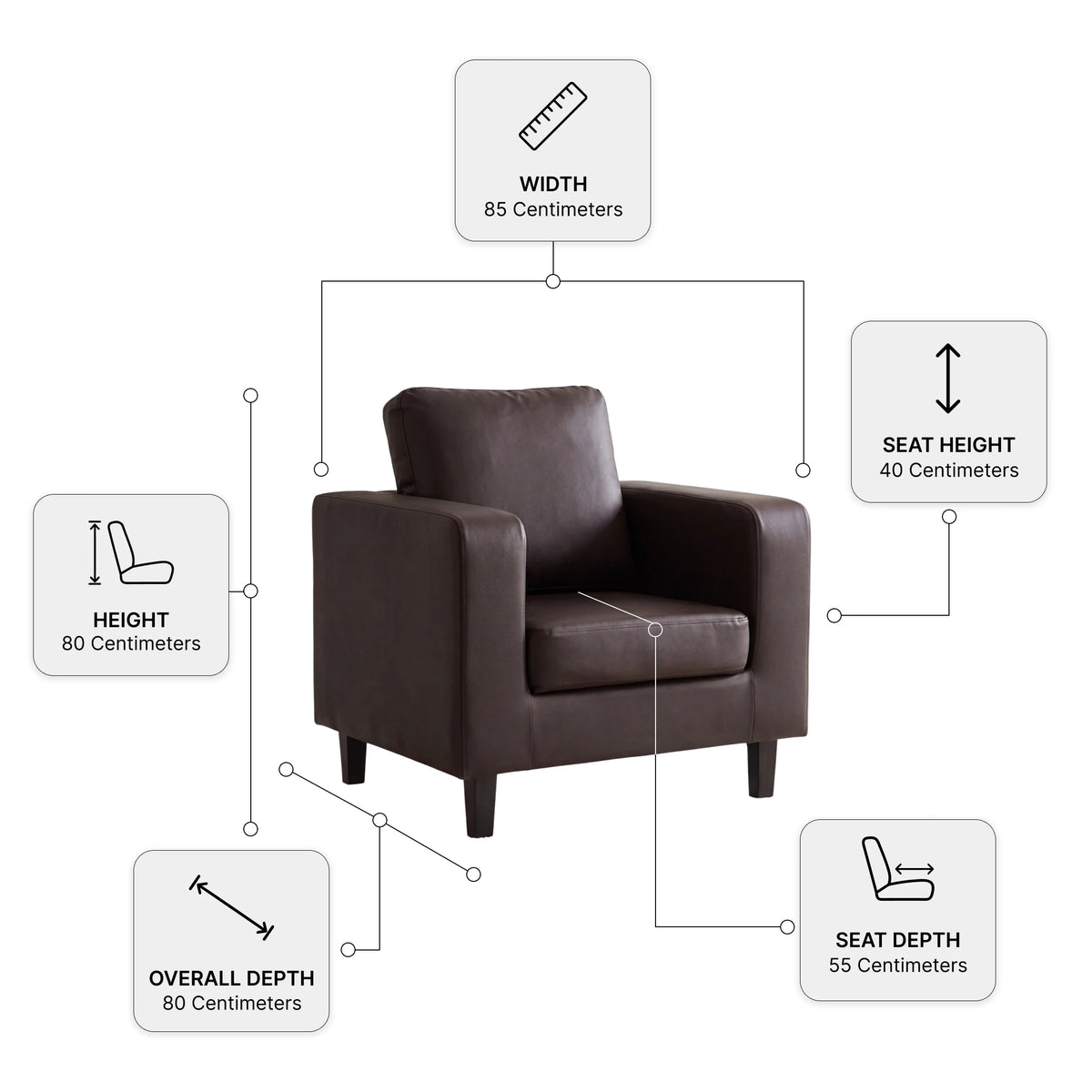 Box Brown Leather Armchair — Dimension diagram