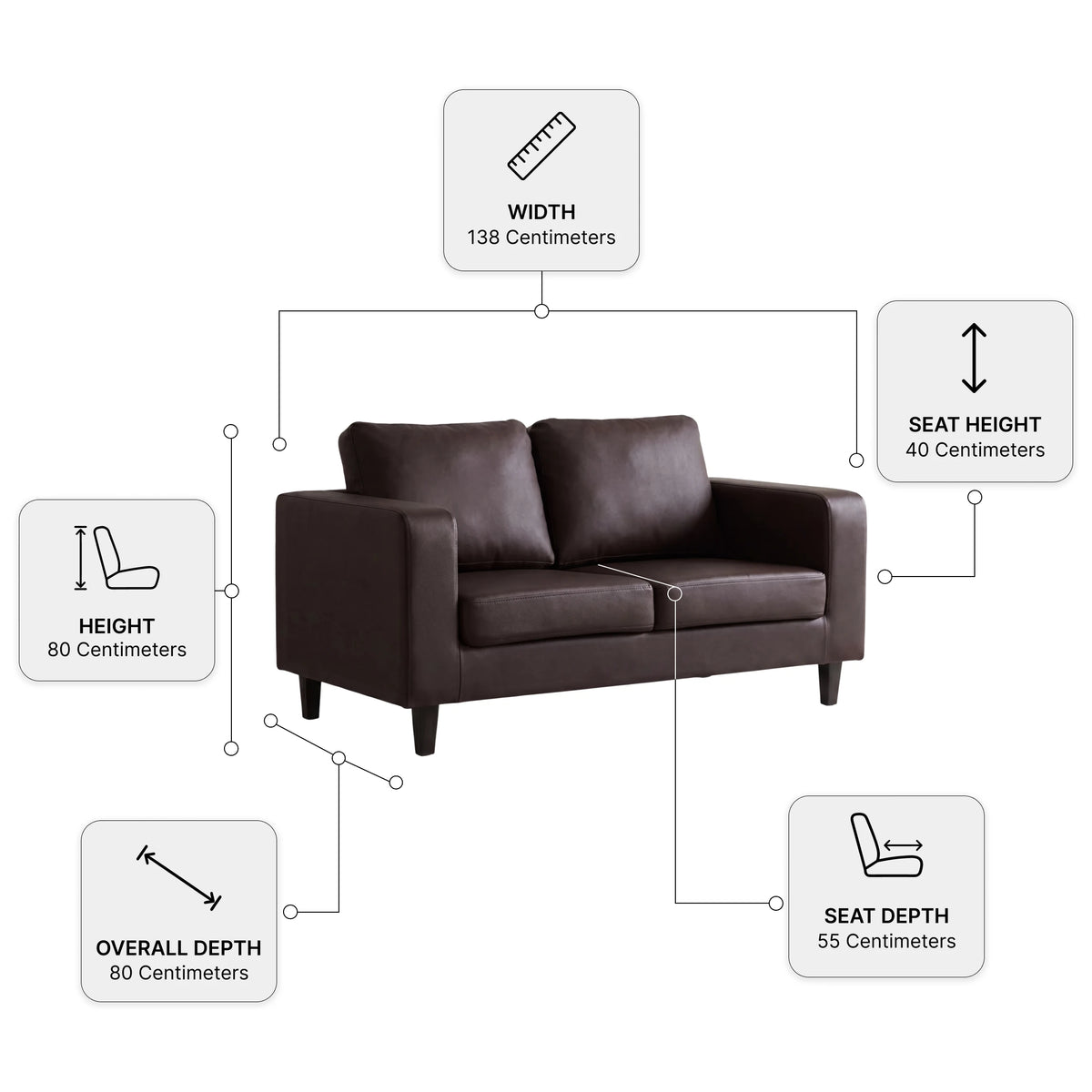 Box Brown Leather 2 Seater Sofa — Dimension diagram