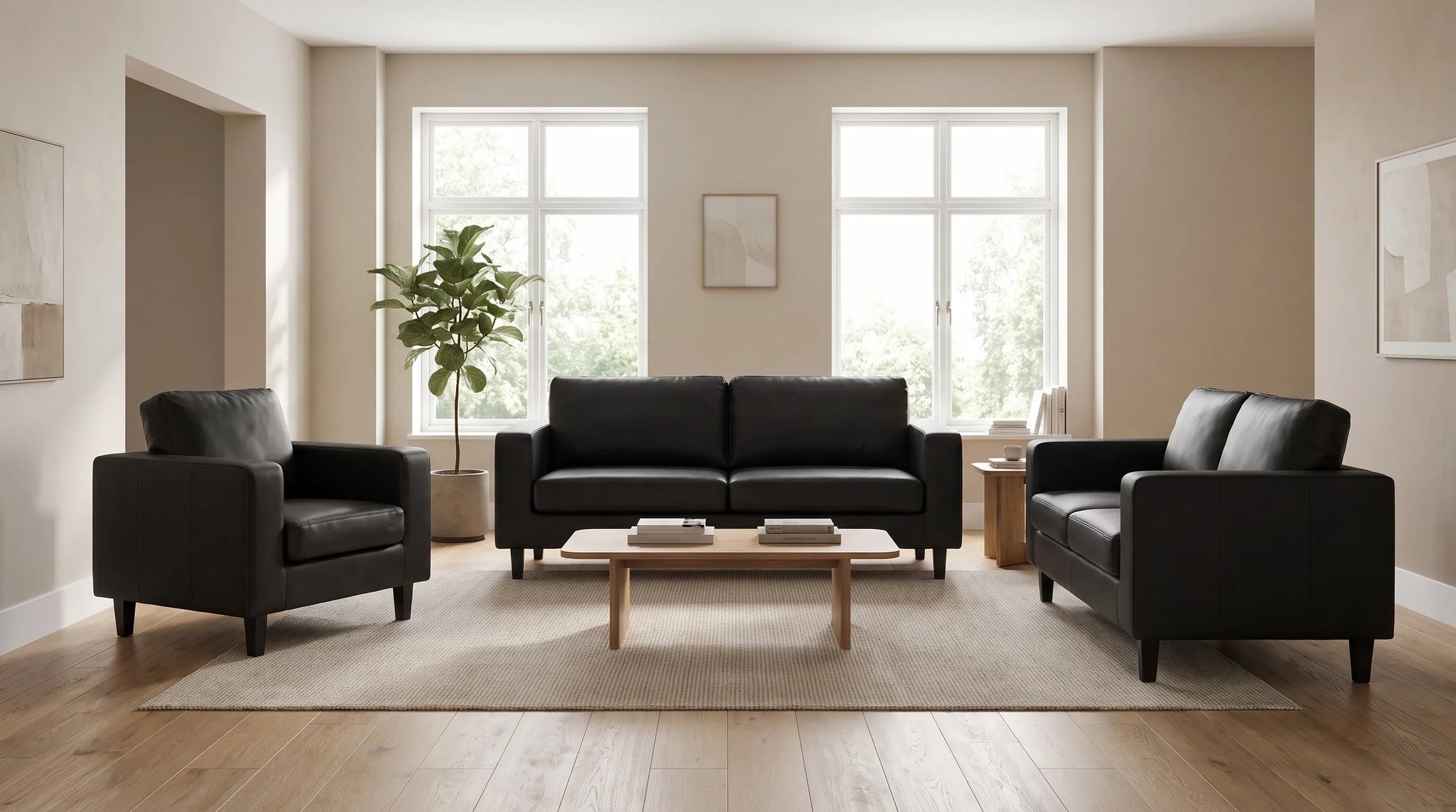 Box Black Leather 3+2 Seater Sofa Set - Furniture Instore