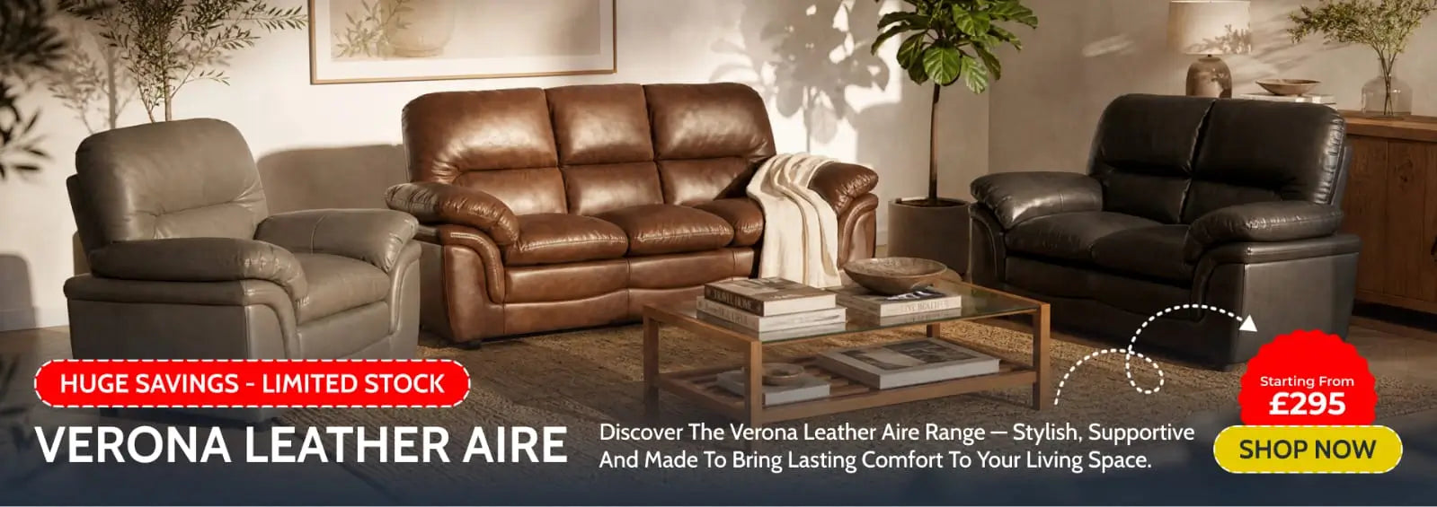 Brown leather sofas in a living room setting with promotional text overlay.