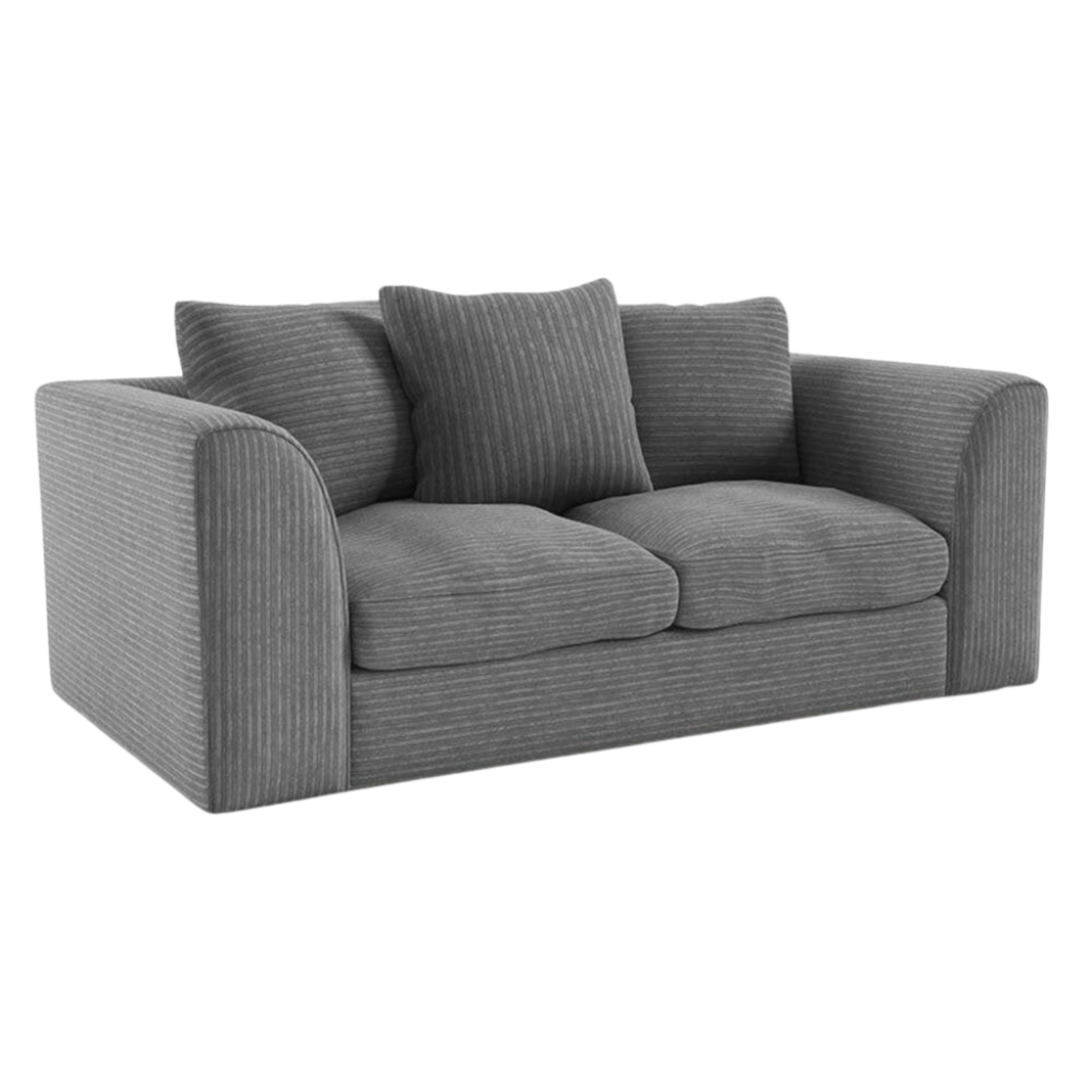 Byron Grey 2-Seater Sofa front facing on white background, modern grey fabric couch with soft upholstery and contemporary design