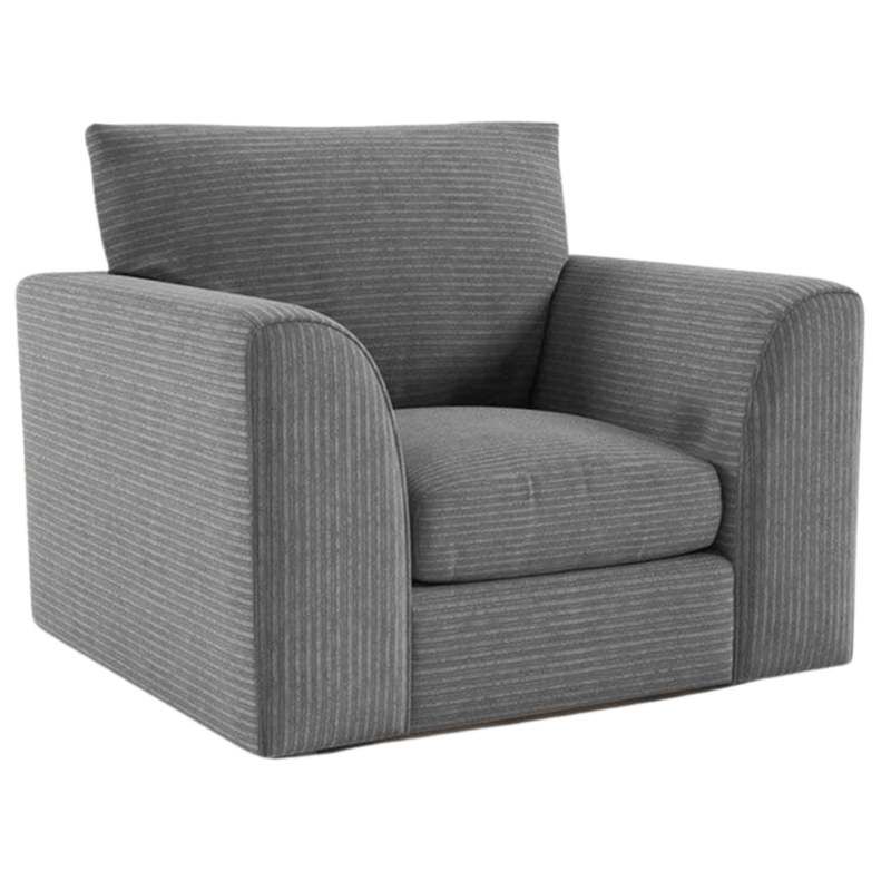 Byron Grey Armchair front facing on white background, modern grey fabric chair with soft upholstery and sleek contemporary design
